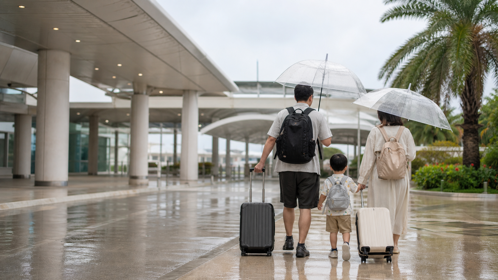 下雨的那霸機場外,一家三口撐傘拖著行李前往航廈